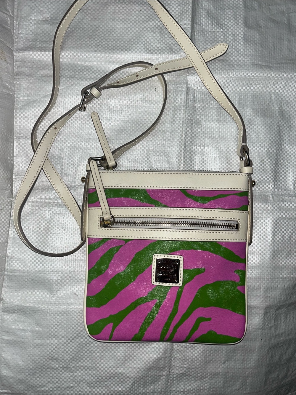 Cream Crossbody Bag with Pink and Green Zebra Print Dooney and Burke
